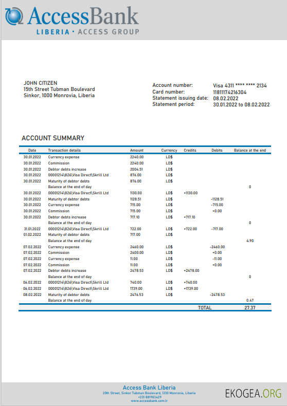 Modèle de relevé de Liberia Access Bank au format Word et PDF
